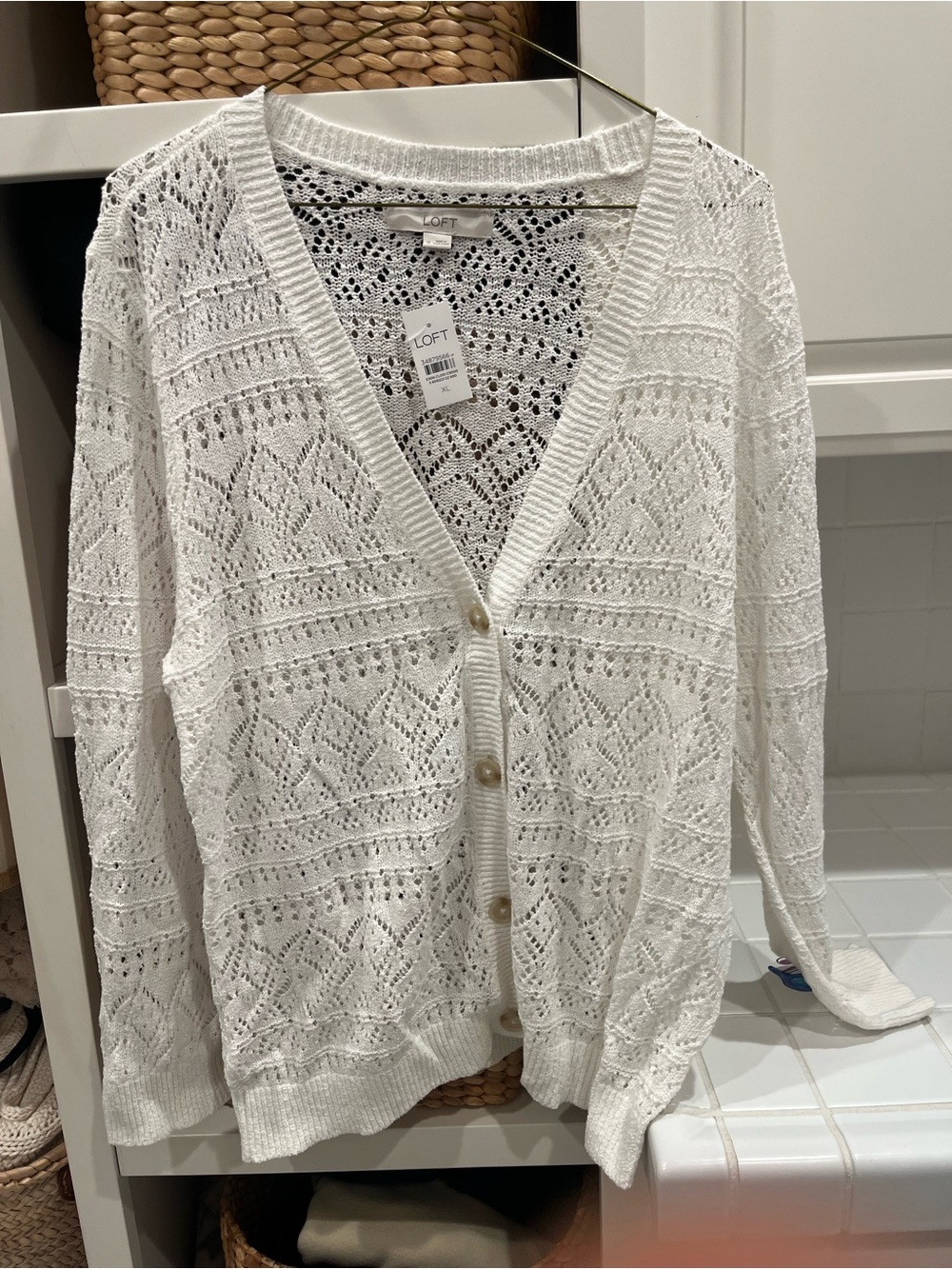 LOFT White Openwork V-Neck Button Cardigan
